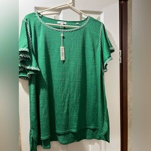 Max Studio Green Blouse with Lace Trim